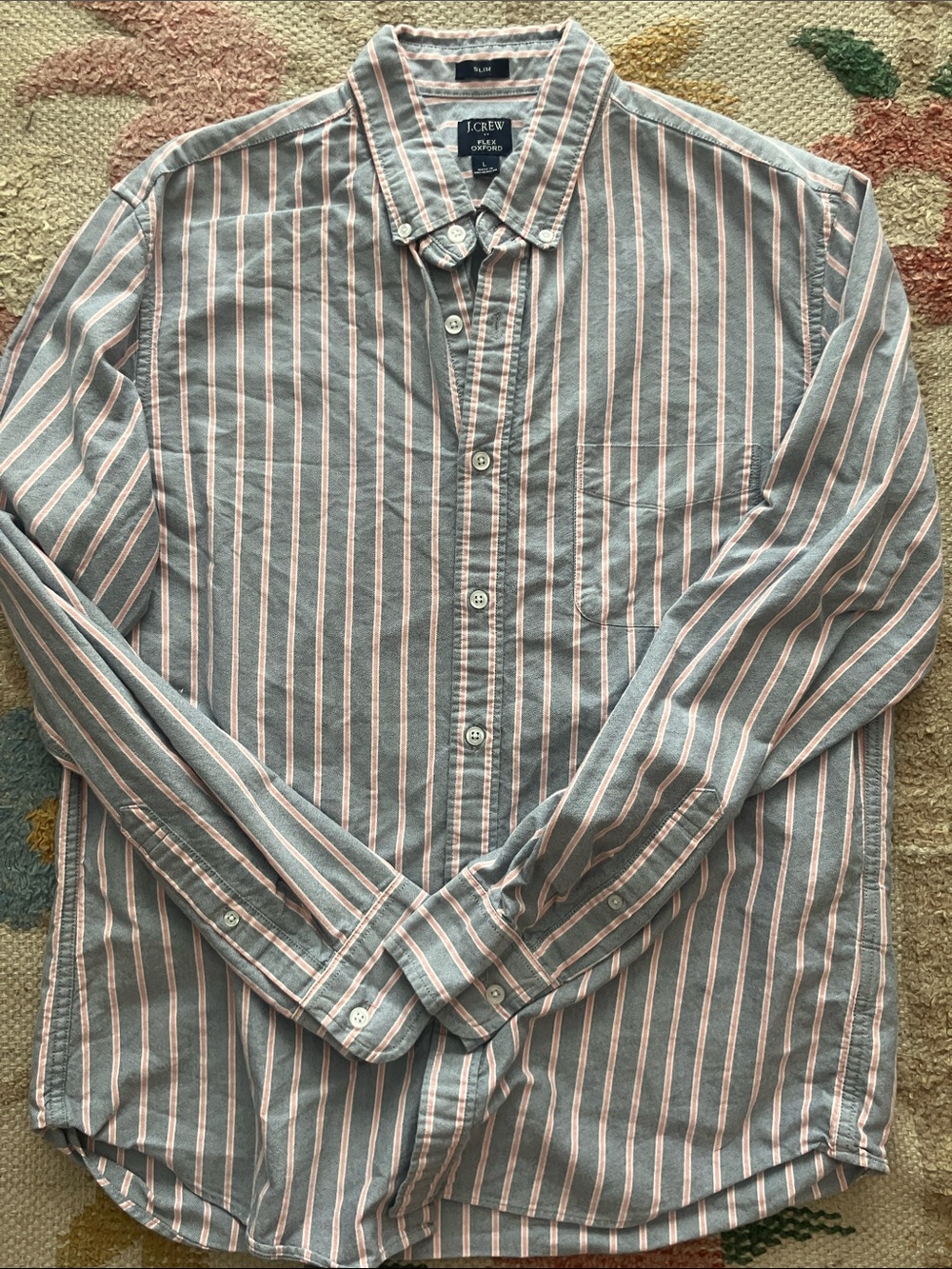 J. Crew Men’s Gray blue Button-Down Shirt with Pink and White Stripes